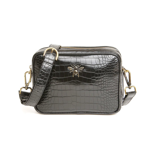 ALICE WHEELER LONDON luxury Black Croc Soho dual compartment camera cross body bag