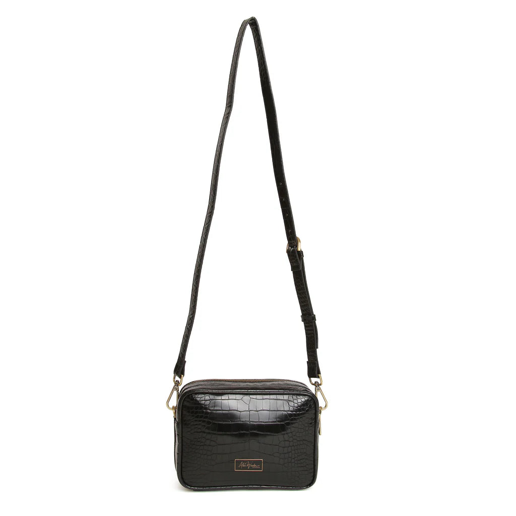 ALICE WHEELER LONDON luxury Black Croc Soho dual compartment camera cross body bag