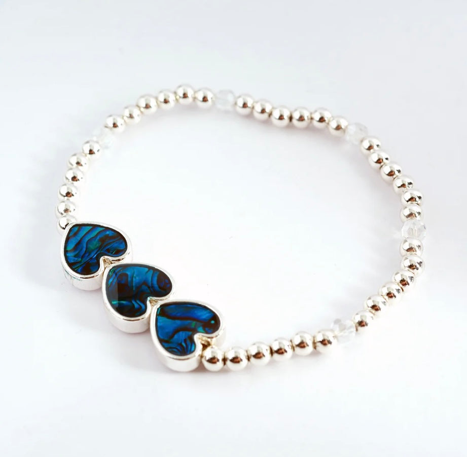 Byzantium Collection Paua Shell Triple Hearts Stretch Bracelet