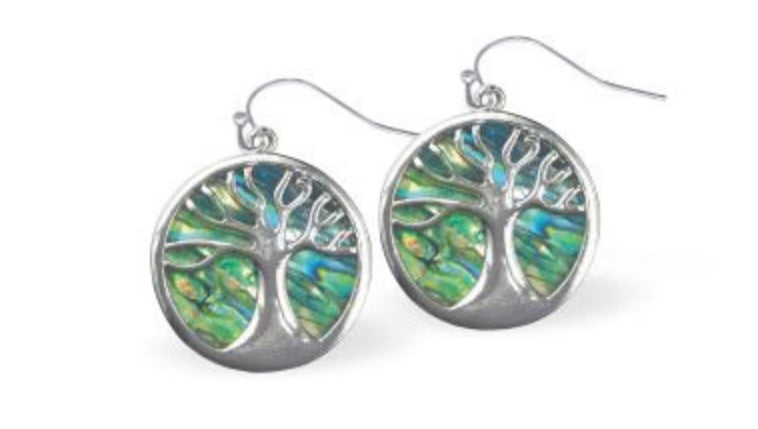 Byzantium Collection Paua Shell Circle with Tree of Life Drop Earrings