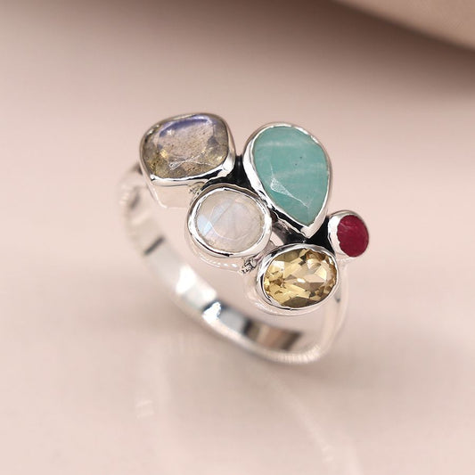 POM… Sterling silver faceted multi gemstone ring