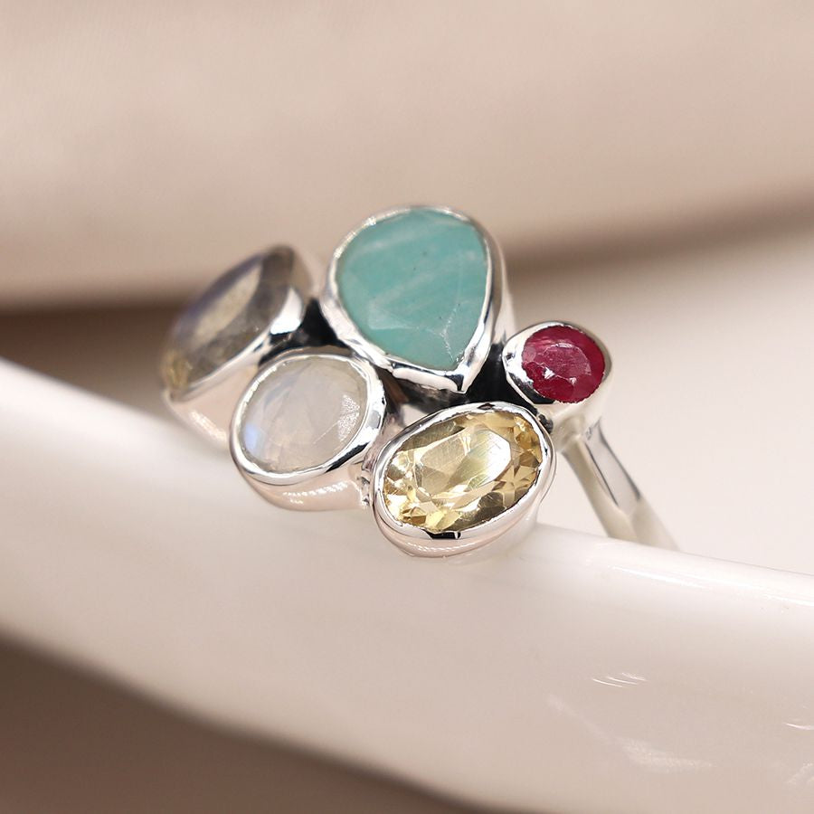 POM… Sterling silver faceted multi gemstone ring