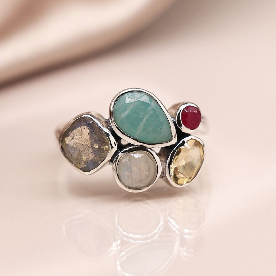 POM… Sterling silver faceted multi gemstone ring