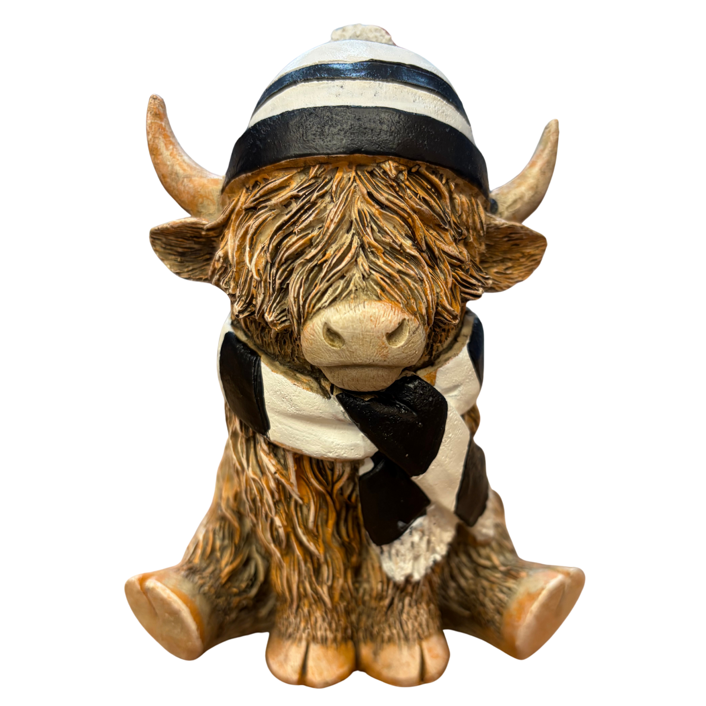 Black and white coloured football mad highland cow figurine
