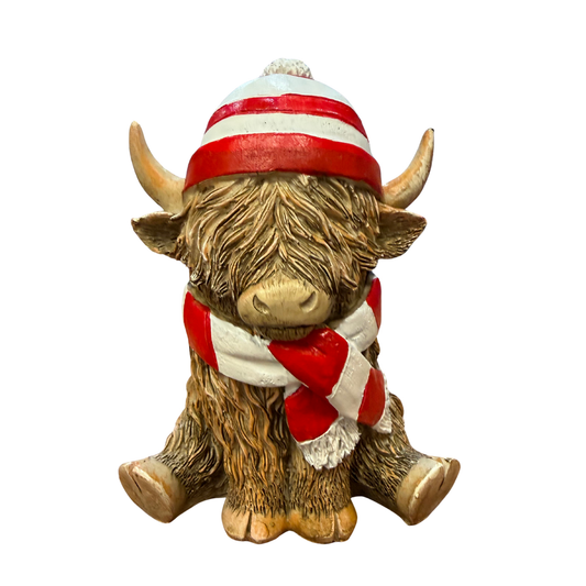 Red and white coloured football mad highland cow figurine