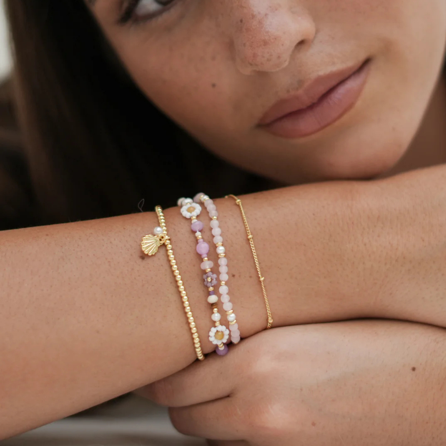Estella Bartlett Lilac Beaded Flower Bracelet Gold Plated | Lilac Multi