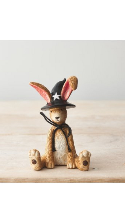 Decorative Autumn Bunny Figure Sitting In Halloween Witch Hat Costume