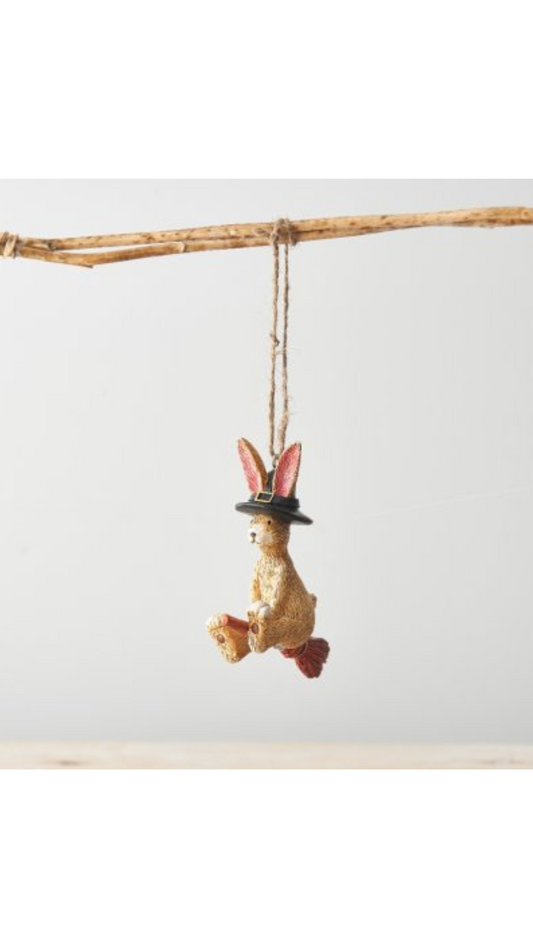 Decorative Autumn Bunny Hanging Figure In A Flying Witch Halloween Costume